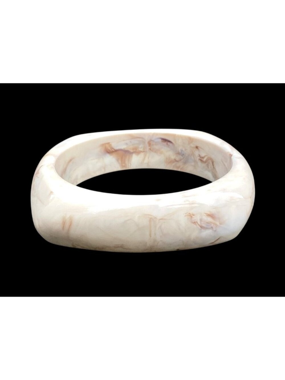 Chunky Squared Opaque Lucite Bamgle Bracelet Cream Colored with Brown Marbling - Picture 3 of 8
